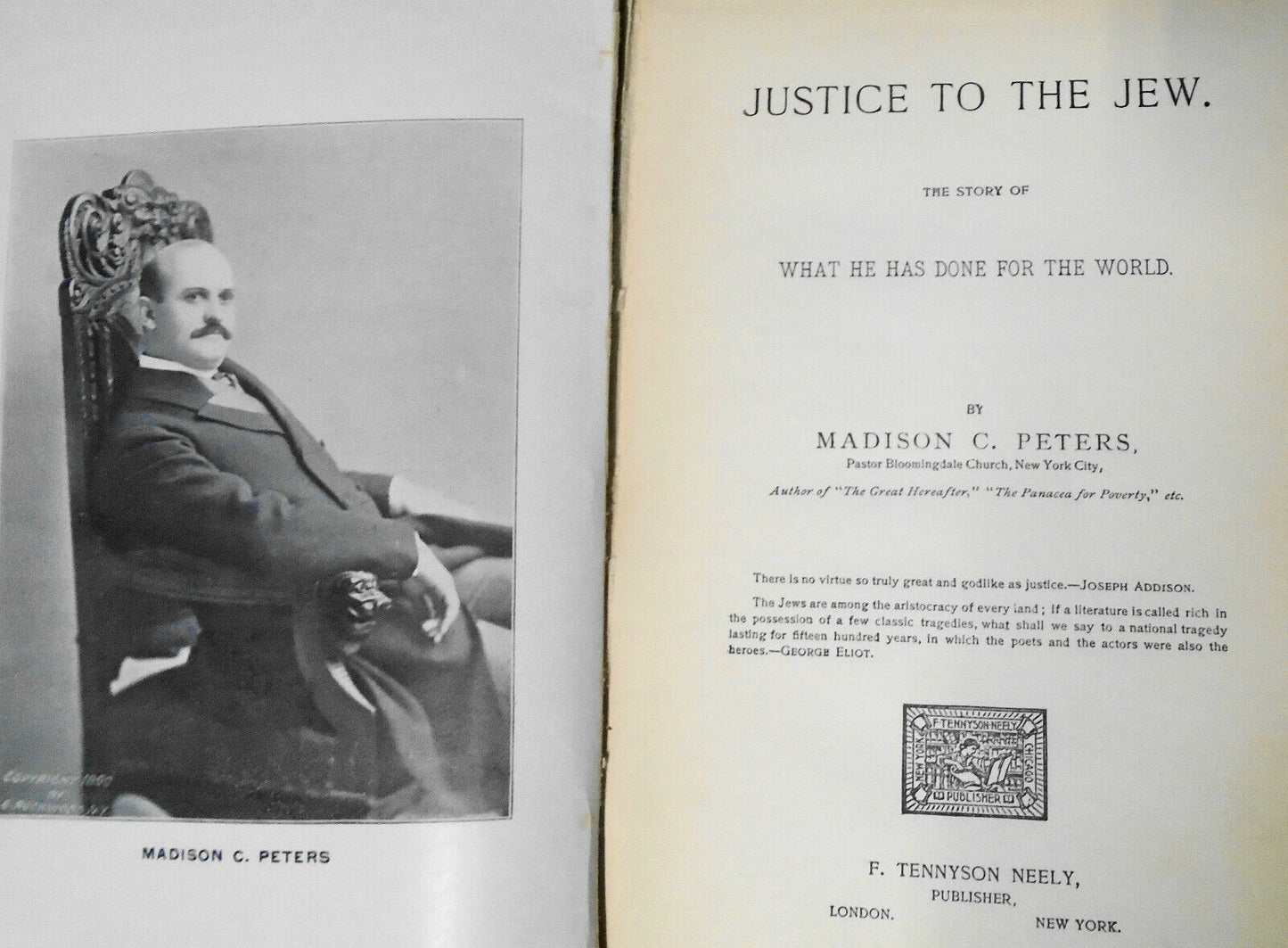 1899 Justice To The Jew, by Madison C. Peters ... What He Has Done For The World