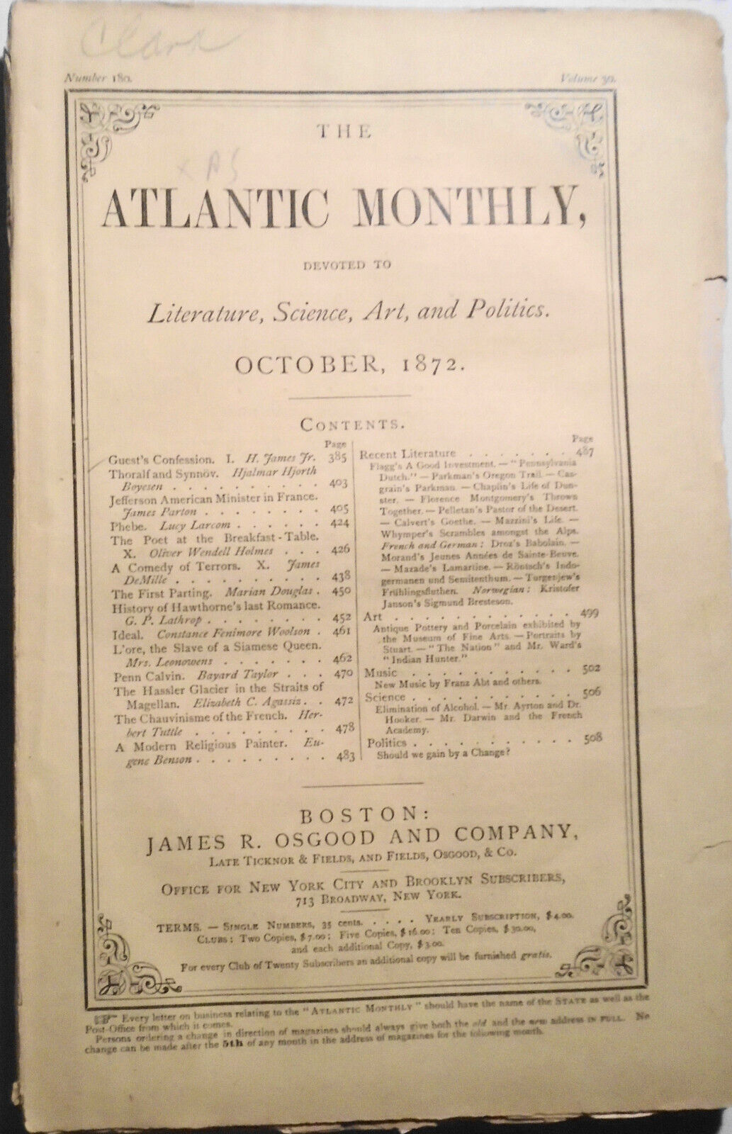 2 issues, Atlantic Monthly 1872 (Oct & Nov) with Henry James: Guest's Confession