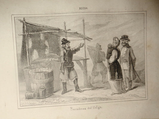 1840 Rusia - Pescadores del Volga - original engraving. Chopin.