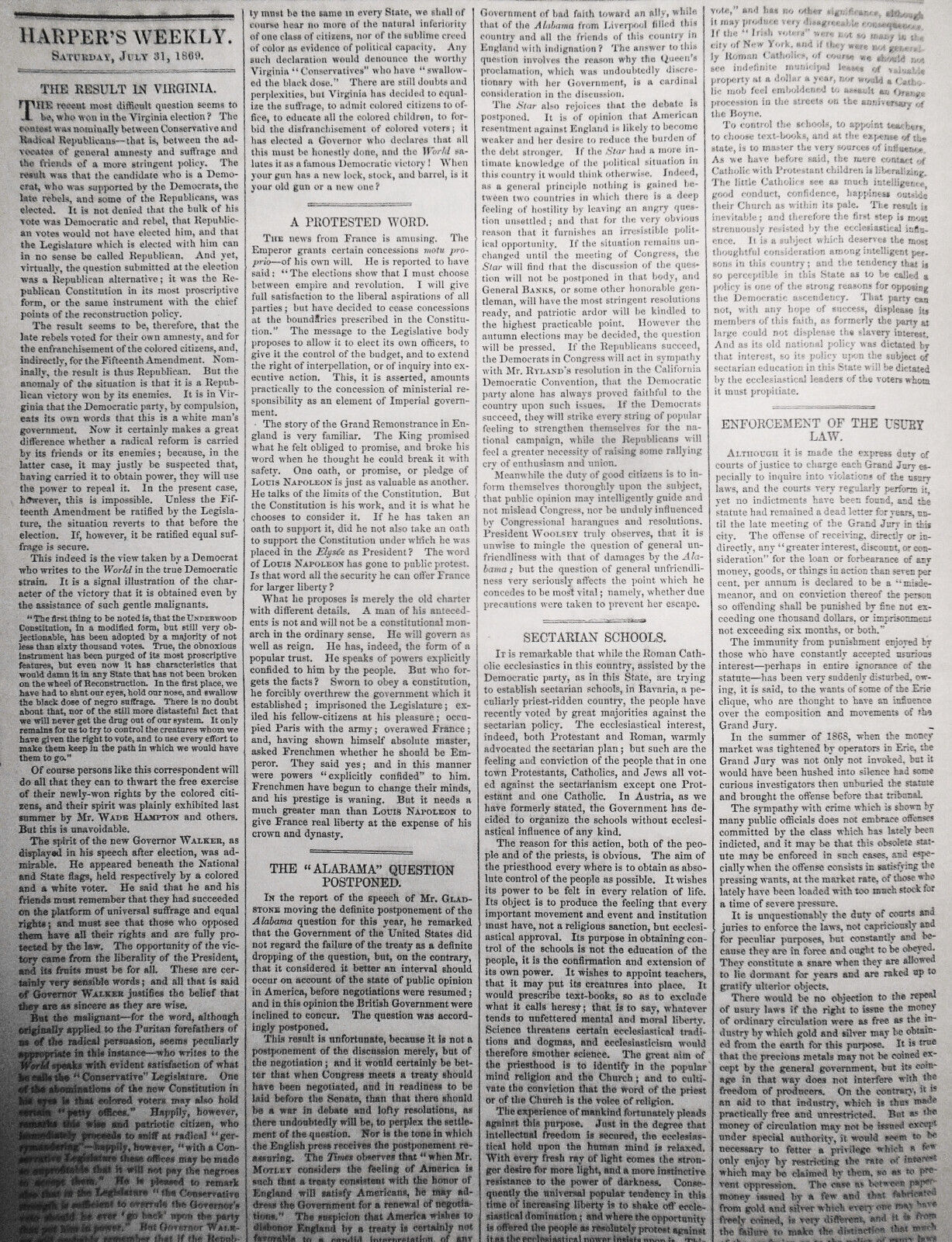 Harper's Weekly July 31, 1869: Ida Lewis, Newport, RI heroine; Camp meeting etc