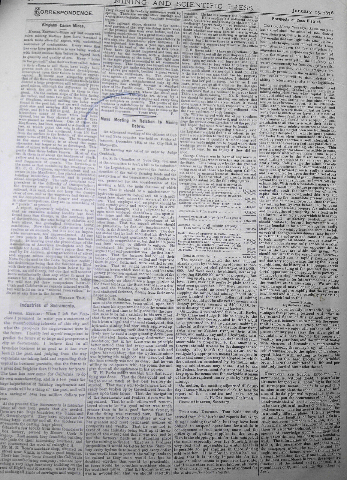 Mining and Scientific Press January 15, 1876. Yellowstone Lake; Colorado Bullion