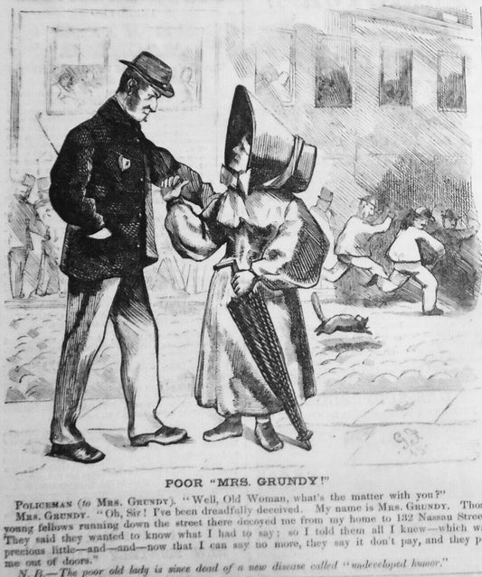 Poor "Mrs. Grundy" -- original cartoon in Harper's Weekly September 30, 1865