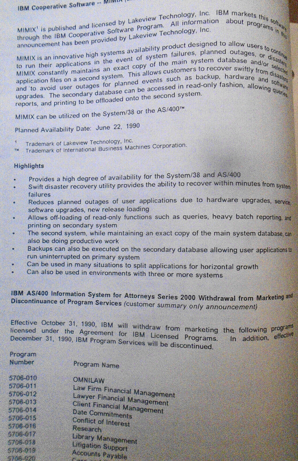 IBM Announcement Letter Summary, June 19, 1990 : System/370; AIX; Token-ring etc