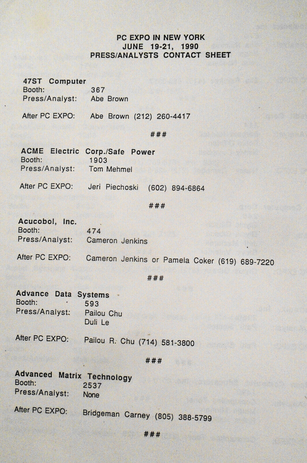PC EXPO in New York 1990 Press/Analysts contact sheet