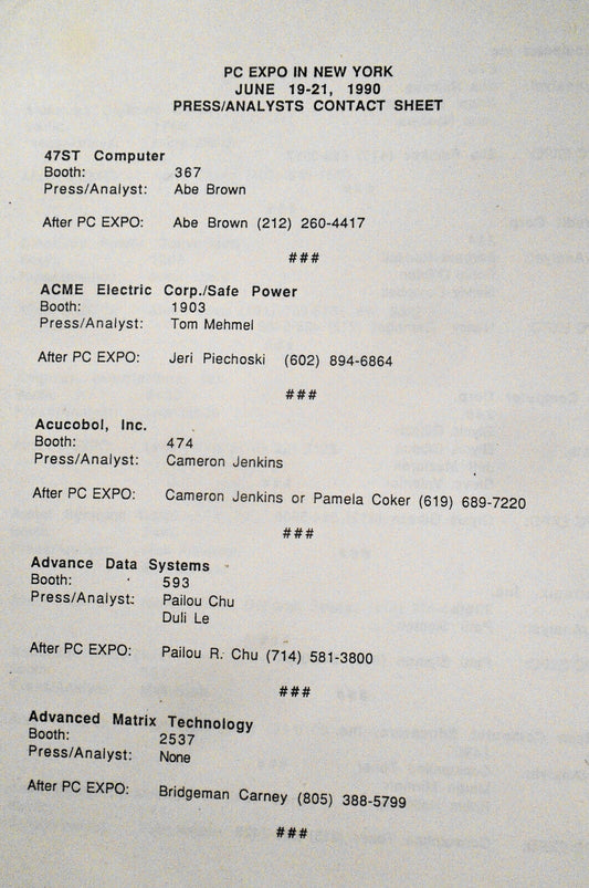 PC EXPO in New York 1990 Press/Analysts contact sheet