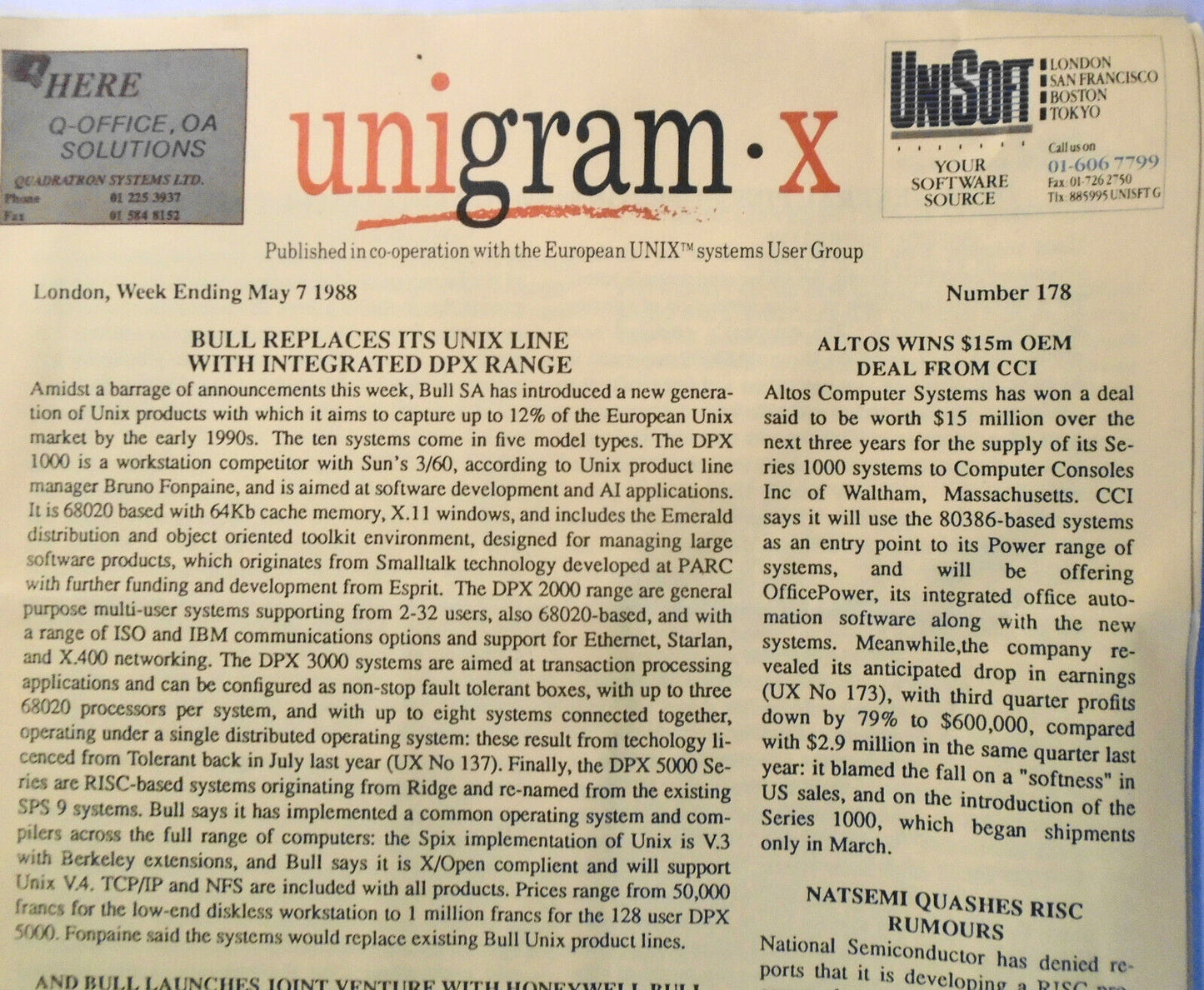 Unigram-X, #178 - May 7, 1988 - London weekly for UNIX manufacturers, et al