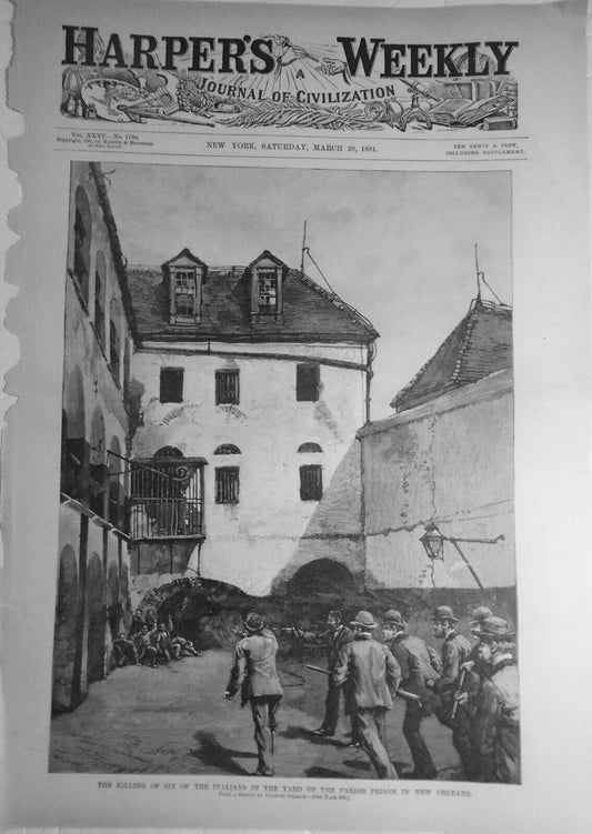 [Mafia] Killing of 6 Italians in New Orleans - Harper's  Weekly, 1891. Original.