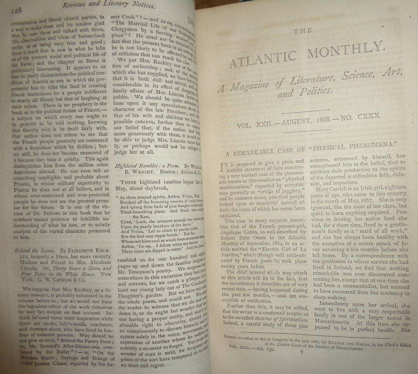 1868 Atlantic Monthly Volume 22 - Notre Dame, Hudson River, Hawthorne, the poor