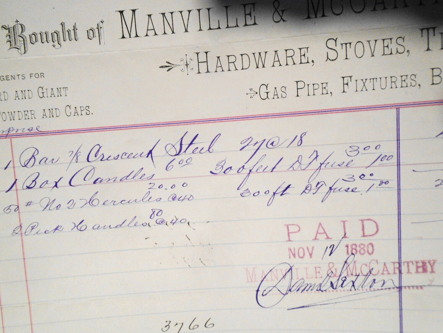 1880 Manville & McCarthy, Hardware... Billhead receipt , Leadville Colorado