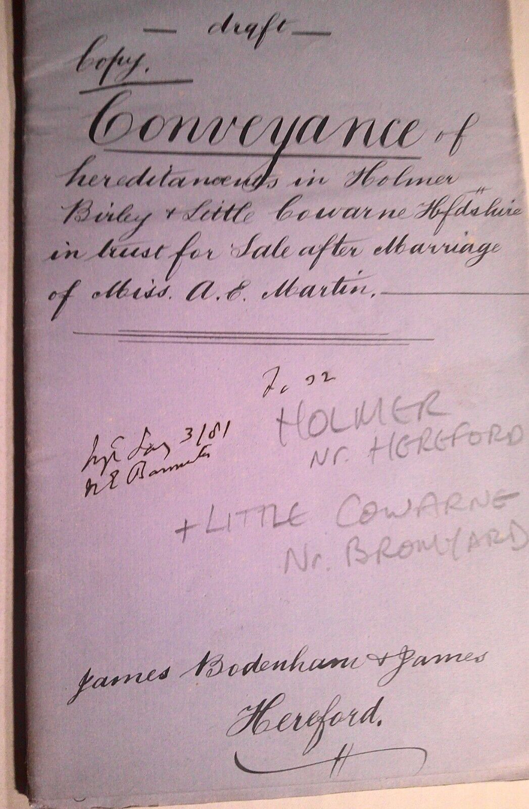1880 Conveyance of Hereditaments Hereford, England. Miss A E Martin to Colbatch