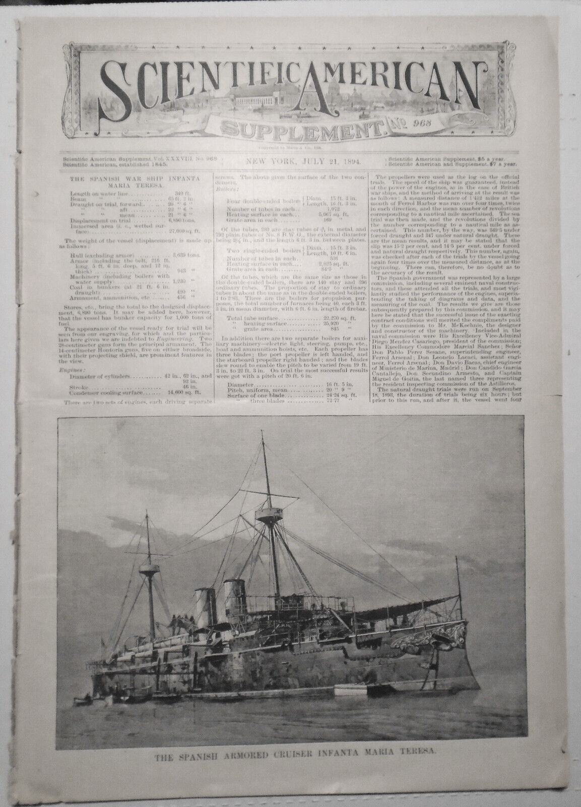 Scientific American Supplement, July 21, 1894 - Spanish Armored Cruiser, etc