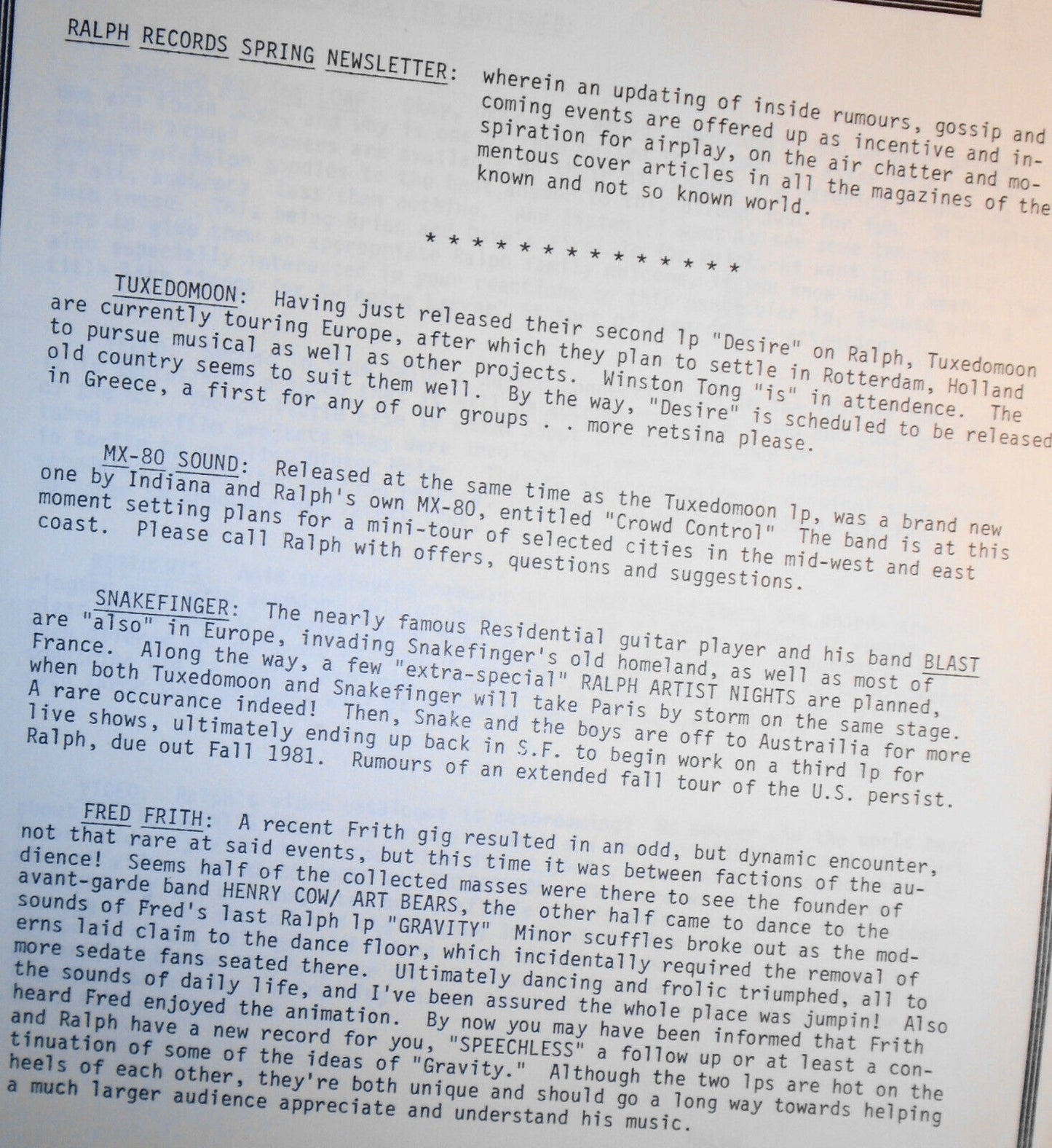 1981 Ralph Records Spring Newsletter :  Residents, Tuxedomoon, Snakefinger, etc.