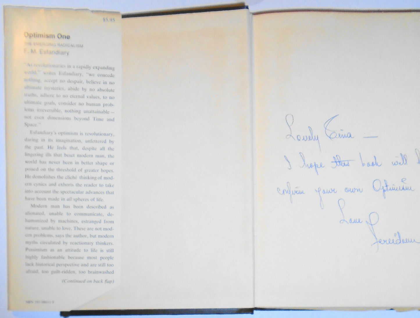 Optimism One : the emerging radicalism, F. M. Esfandiary SIGNED 1st Edition 1970