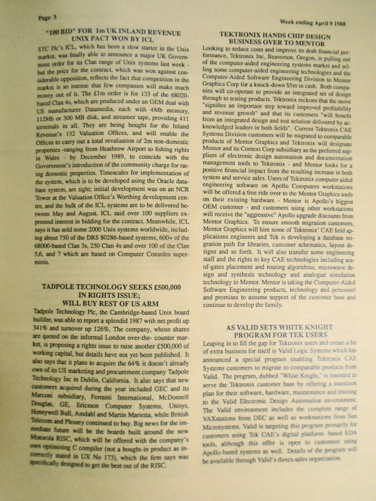 Unigram-X, #174 - April 9, 1988 - London weekly for UNIX manufacturers, et al