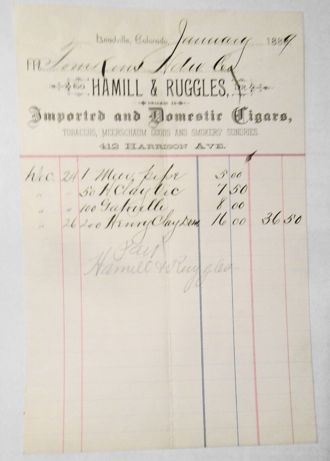 1889 Billhead receipt Hamill & Ruggles, Cigars, Tobacco... Leadville Colorado