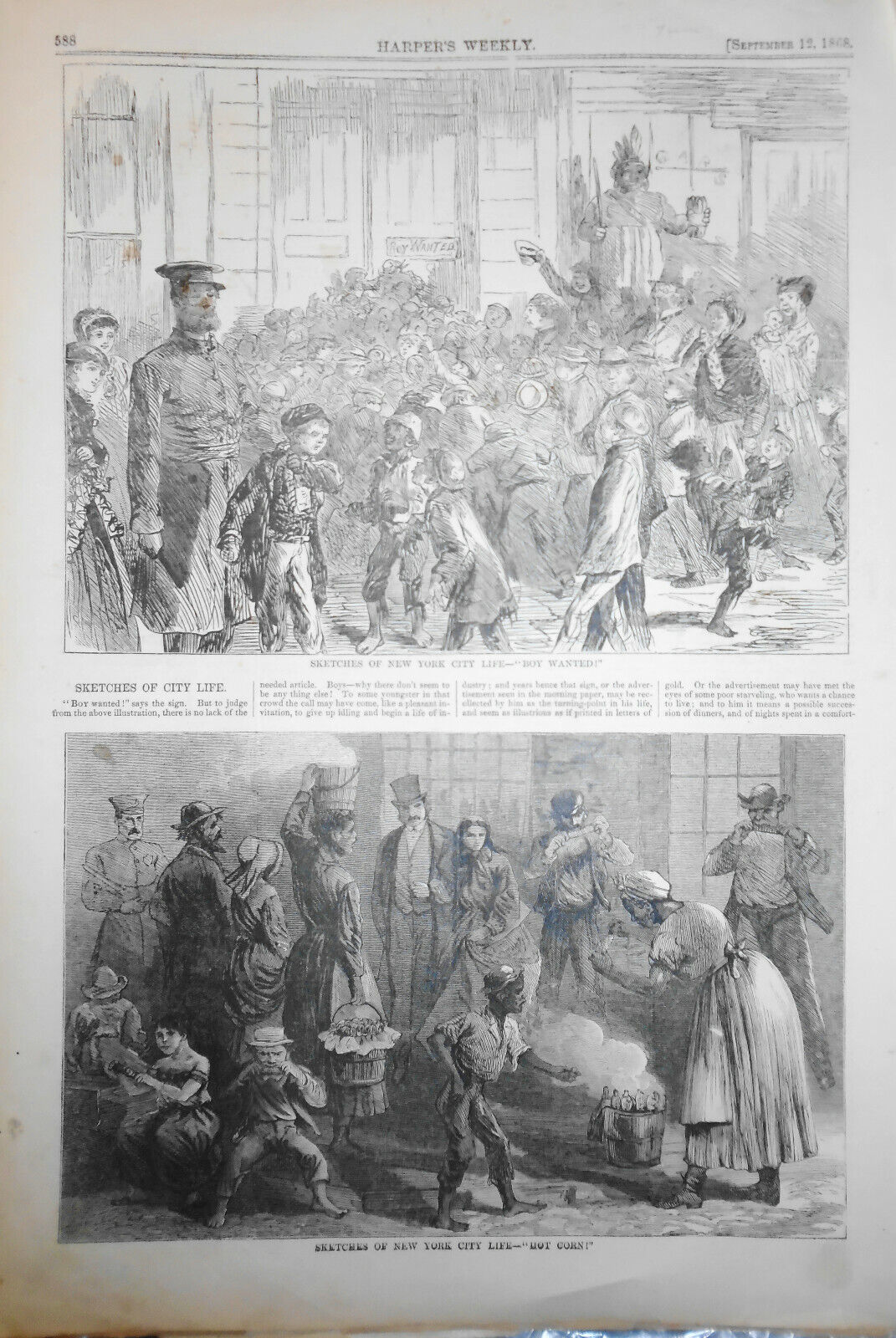 1868 Sketches Of New York City Life - "Boy Wanted!"  "Hot Corn!" Harper's Weekly