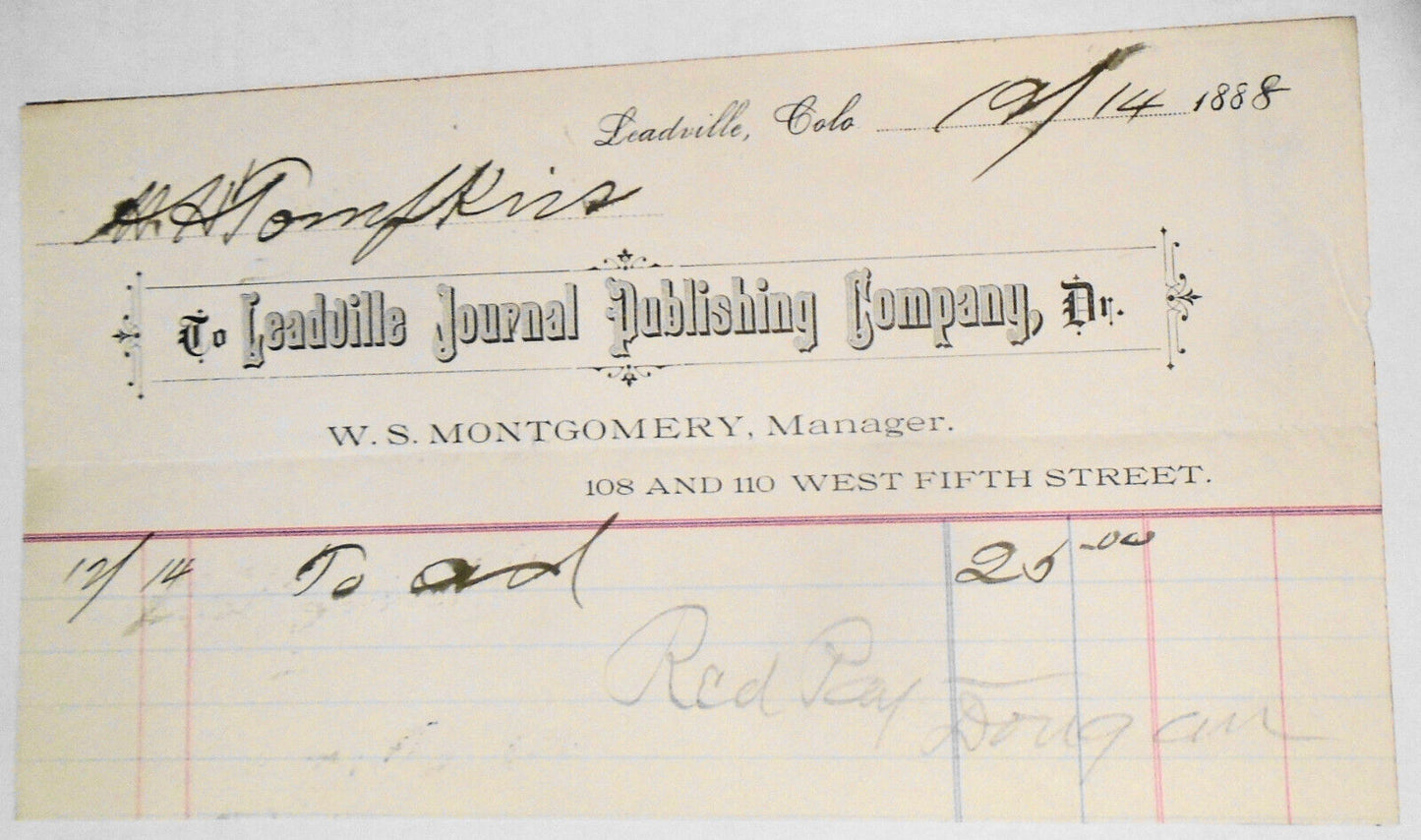 1888 Billhead receipt,  Leadville Journal Publishing Co., Colorado
