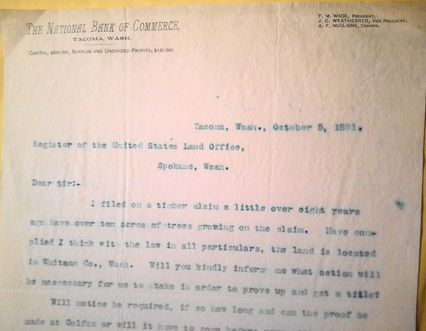 1891  National Bank of Commerce, Tacoma, Washington - letter regarding title