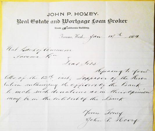 1909 John P. Hovey, Real Estate & Mortgage Loan Broker, Tacoma Washington Letter
