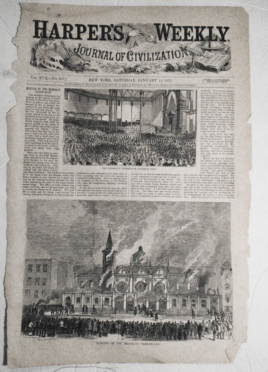 Burning Of The Brooklyn Tabernacle - Harper's Weekly Jan 11, 1873 - original
