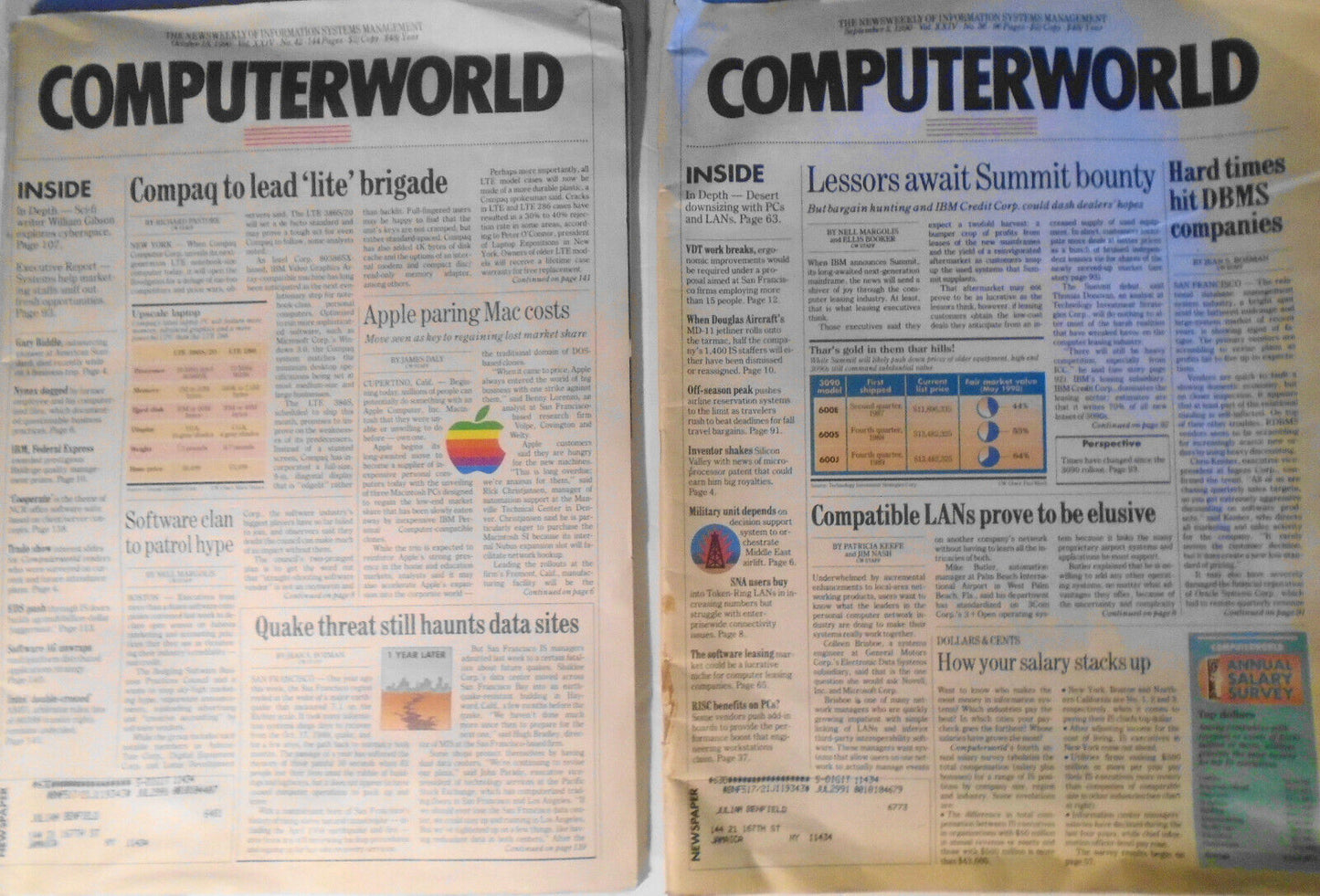 Computerworld Magazine, 2 issues, September 3, & October 5, 1990