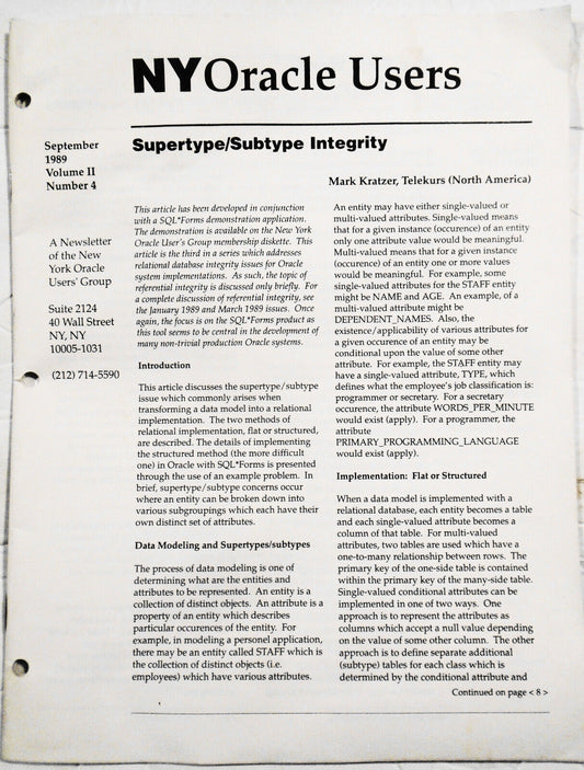 New York Oracle Users Group Newsletter, September 1989. Volume II, Number 4.