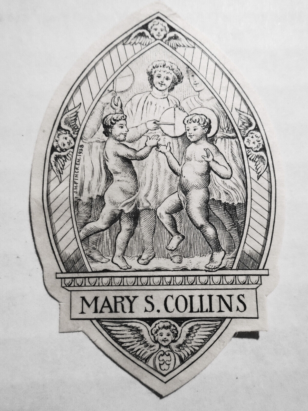 Mary S. Collins Ex Libris Bookplate by J. H. Fincken, 1938 [oval shape]