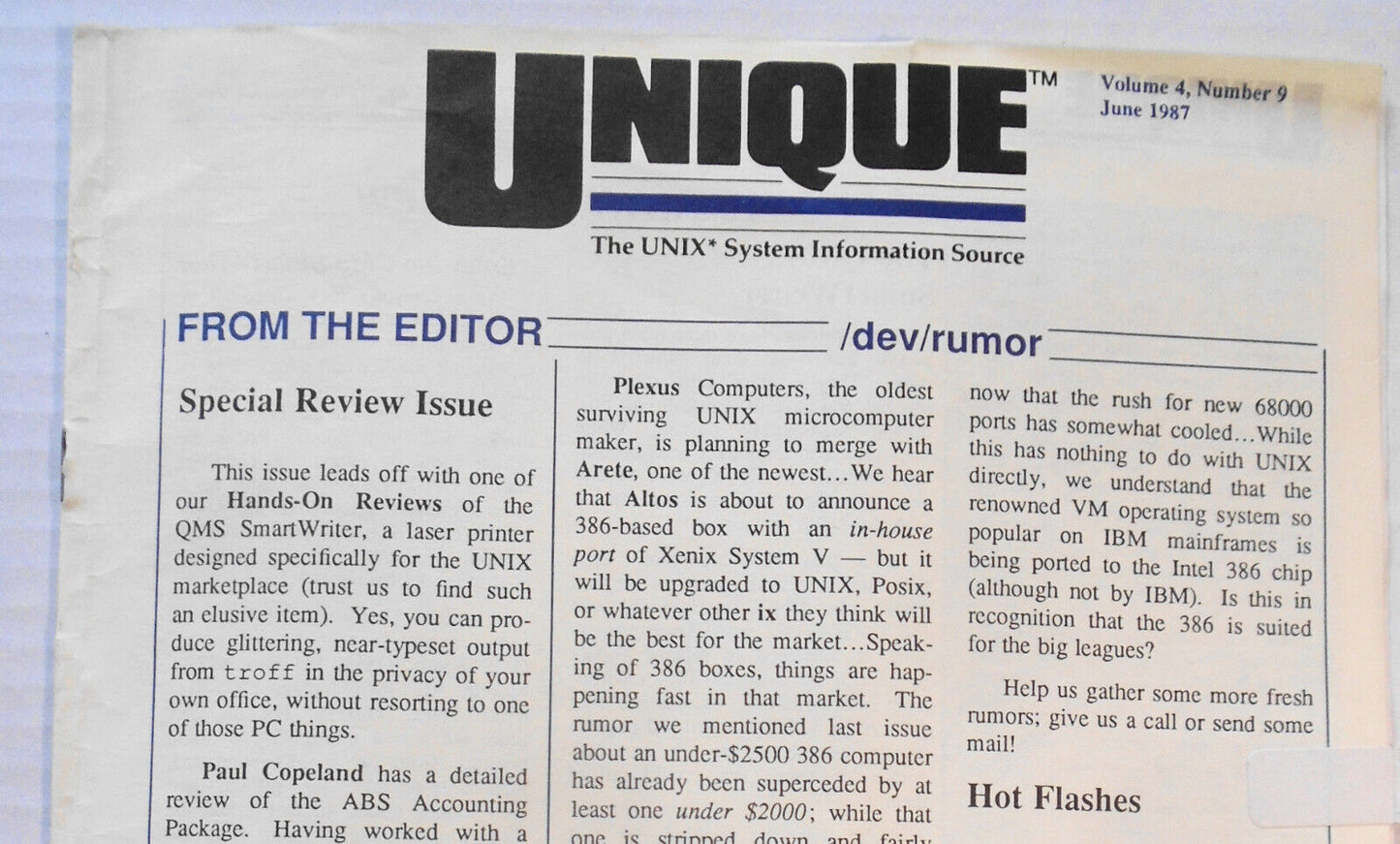 UNIQUE: The UNIX System Information Source,  Vol. 4, No.  9,  June 1987