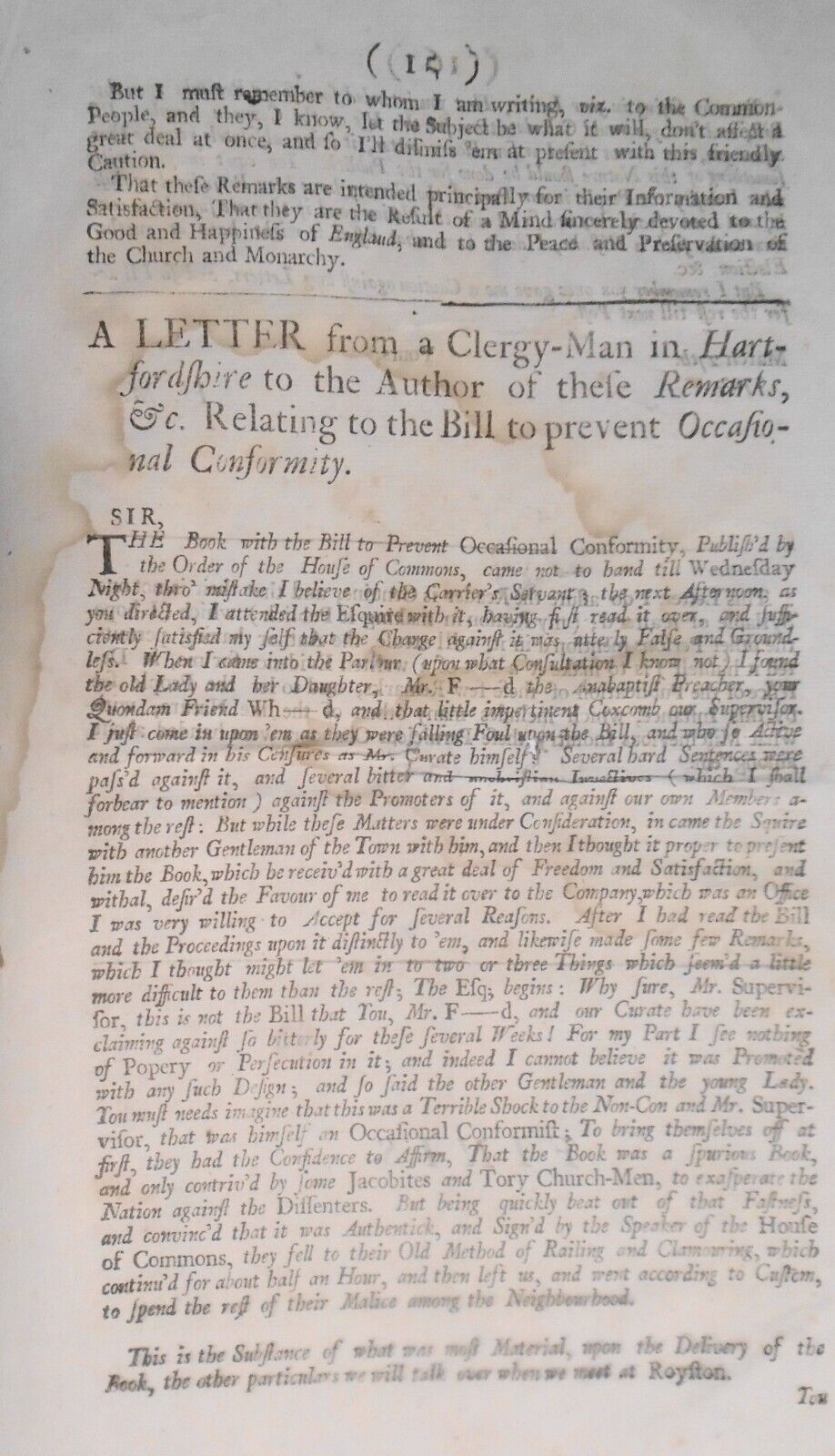 1703 Clamours of dissenters against the bill to prevent occasional conformity