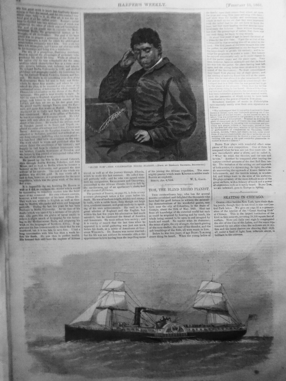 1866 Blind Tom, Negro Pianist - Harper's Weekly, 2/10 Original complete issue