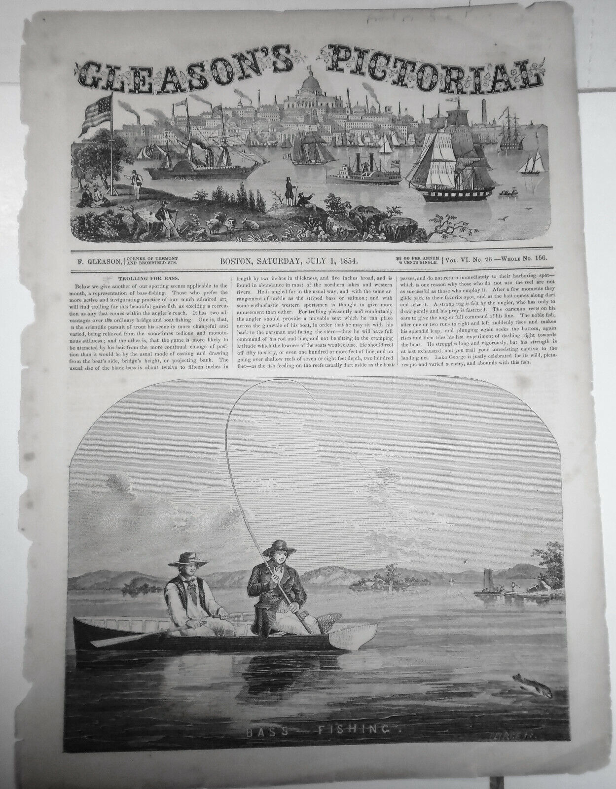 Bass Fishing - Gleason's Pictorial - June 1, 1854 - Original, Full Front Page