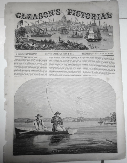 Bass Fishing - Gleason's Pictorial - June 1, 1854 - Original, Full Front Page