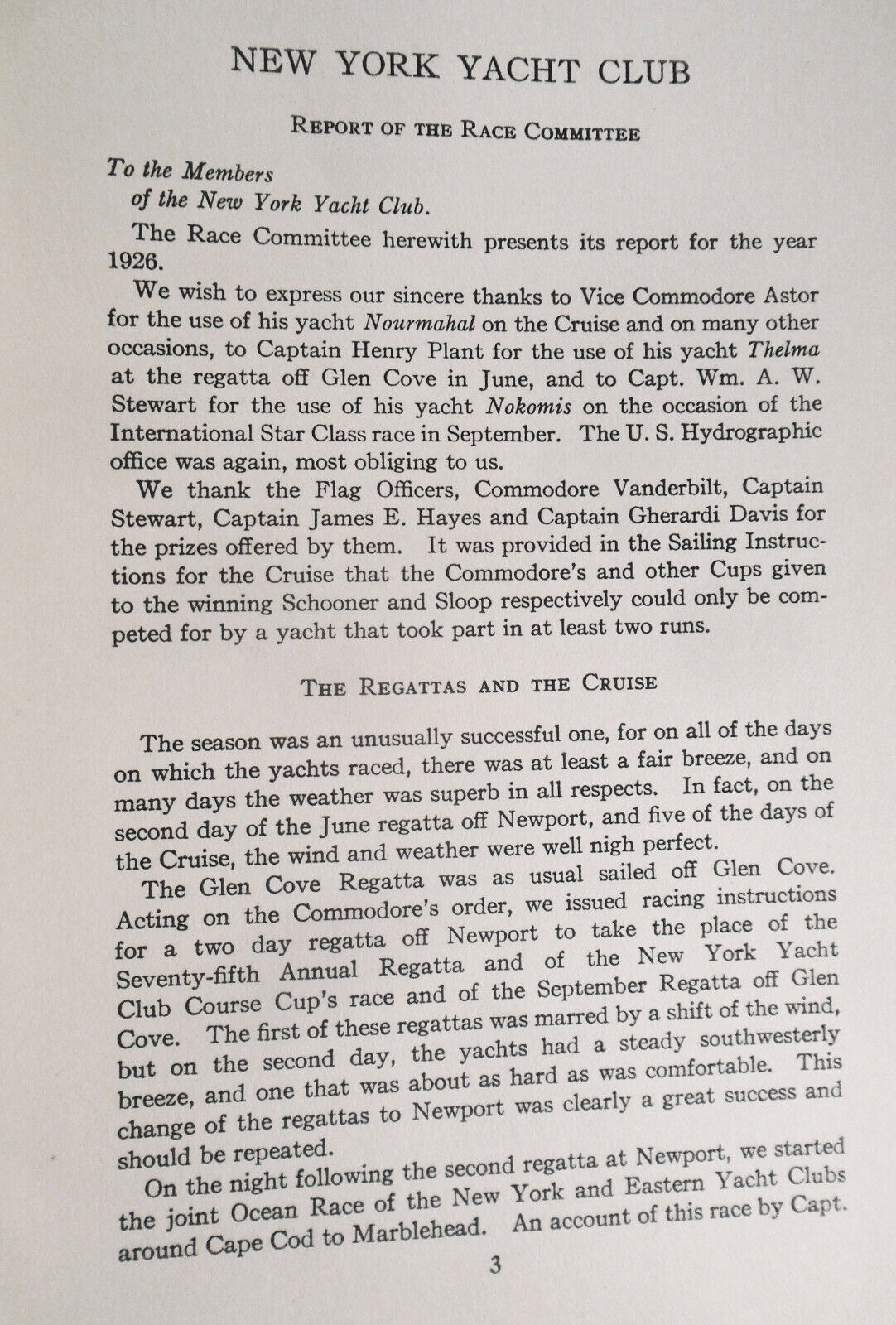 New York Yacht Club, Report of the Race Committee for the Year 1926