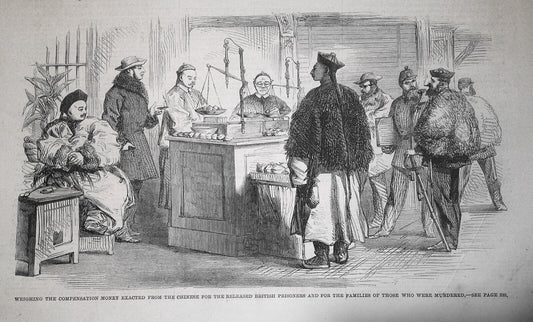 Weighing money exacted from Chinese for prisoners. Illustrated London News, 1861