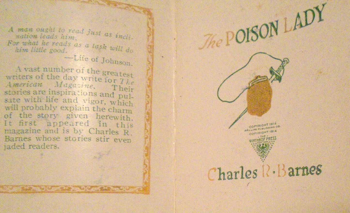 The Poison Lady, by Charles R Barnes. Miniature book. 1914. Winthrop Press