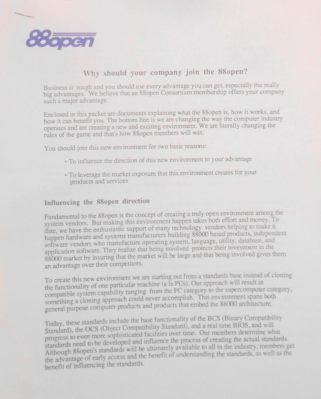 88open Consortium Membership Application, 1989. [Motorola 88000 RISC computers]