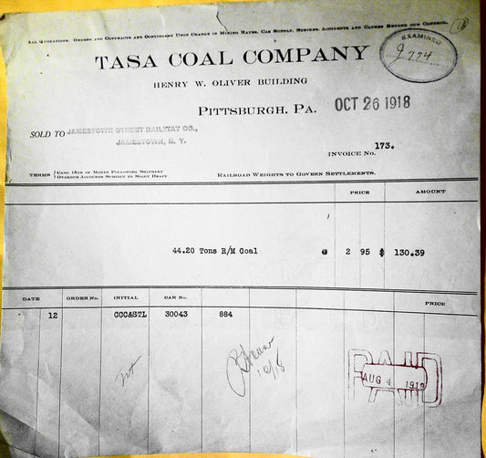 1918 Tasa Coal Company Pittsburgh receipt - 44 tons of coal to Jamestown Railway