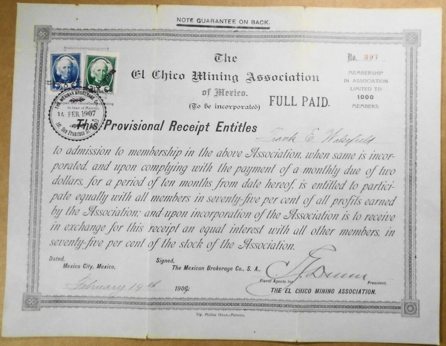 1907 El Chico Mining Association of Mexico Provisional Receipt Stock Certificate