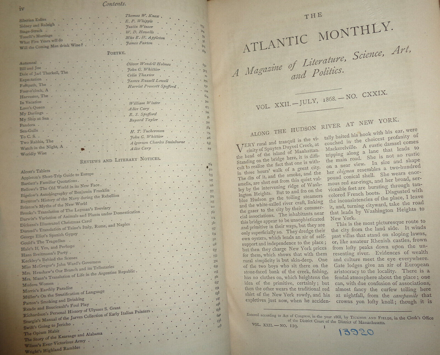 1868 Atlantic Monthly Volume 22 - Notre Dame, Hudson River, Hawthorne, the poor