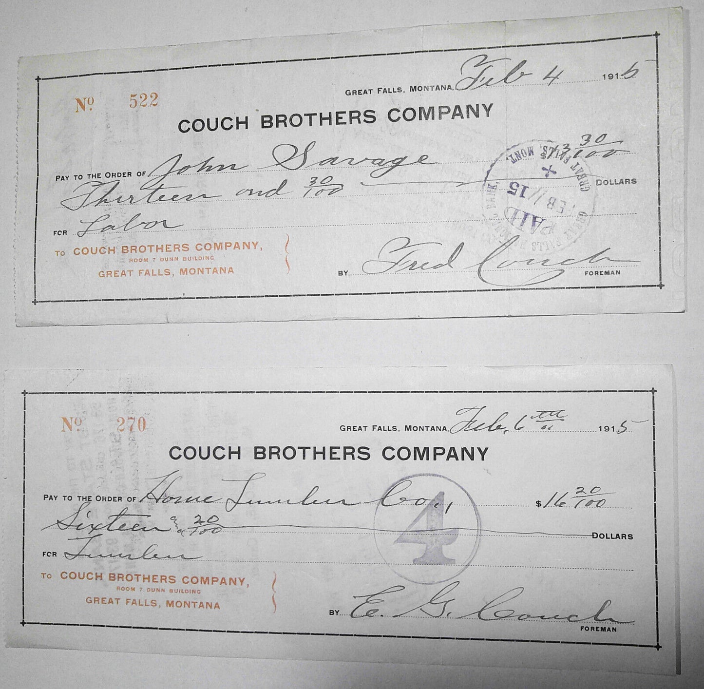 1915 - 2 checks of Couch Brothers Company, Great Falls, Montana.