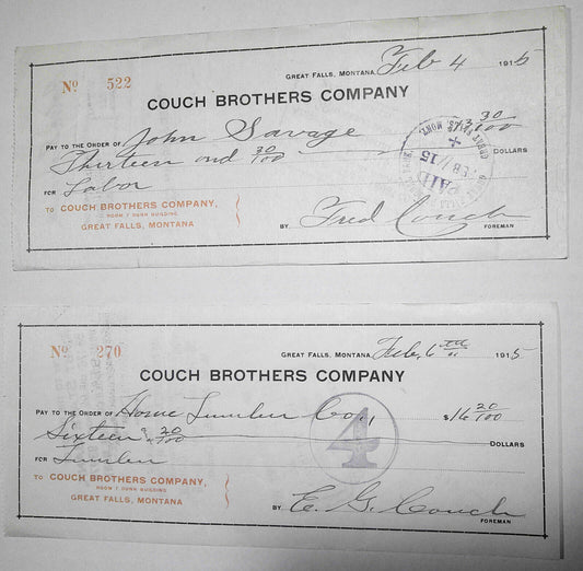 1915 - 2 checks of Couch Brothers Company, Great Falls, Montana.