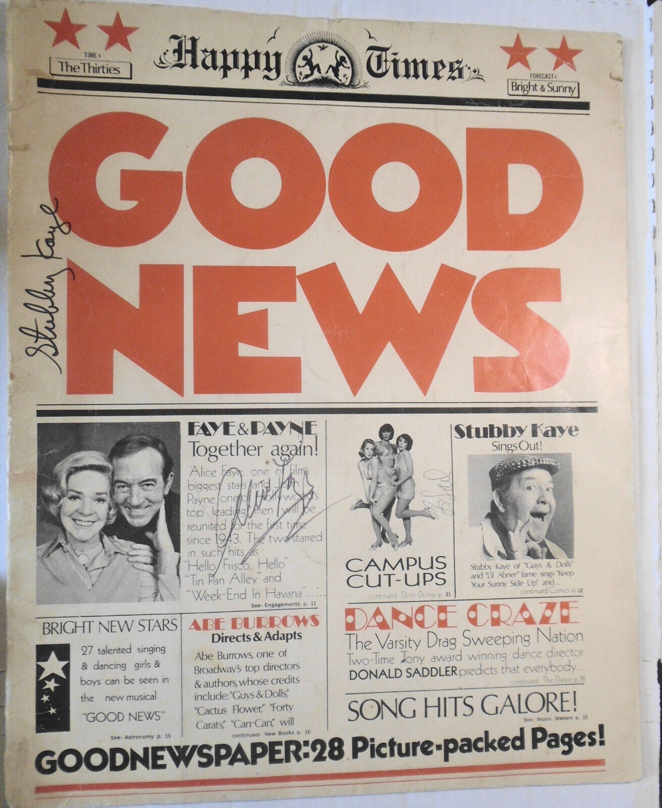 SIGNED Alice Faye & Stubby Kaye, et al   Good News souvenir Program, 1974