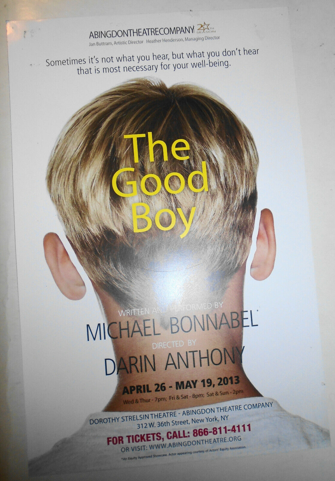 The Good Boy - 2013 Poster, Dorothy Strelsin Theatre, New York City Abingdon