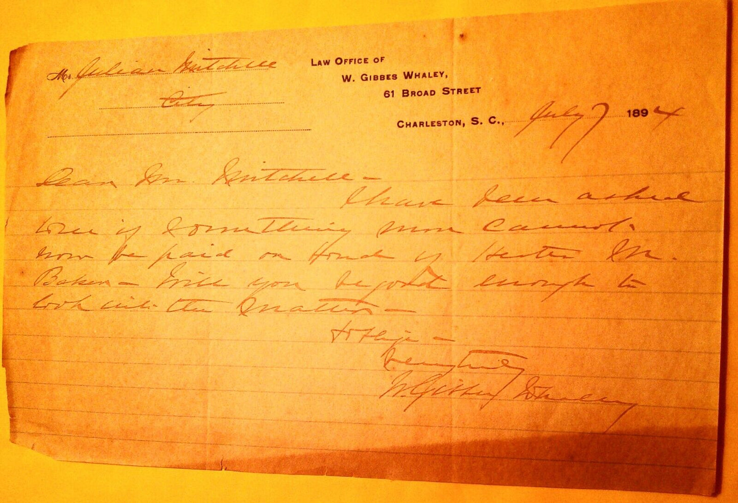 1894 Law Offices of W. Gibbes Whaley - Letter on Note paper