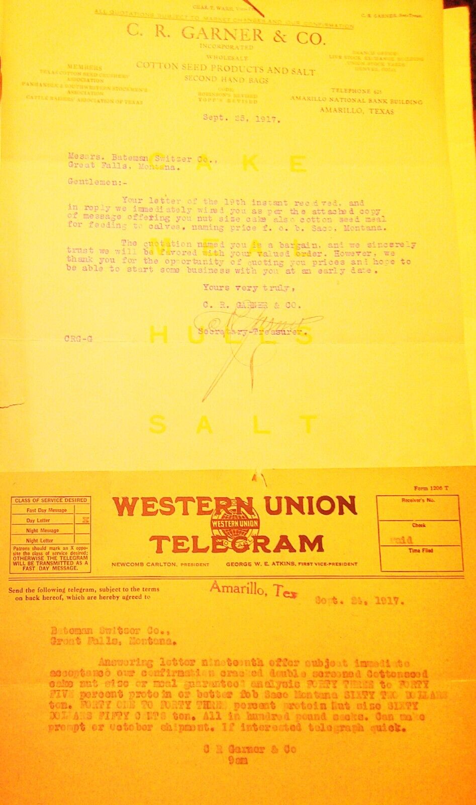 1917 C. R. Garner & Co Amarillo Texas - Wartime quotation with telegram & letter