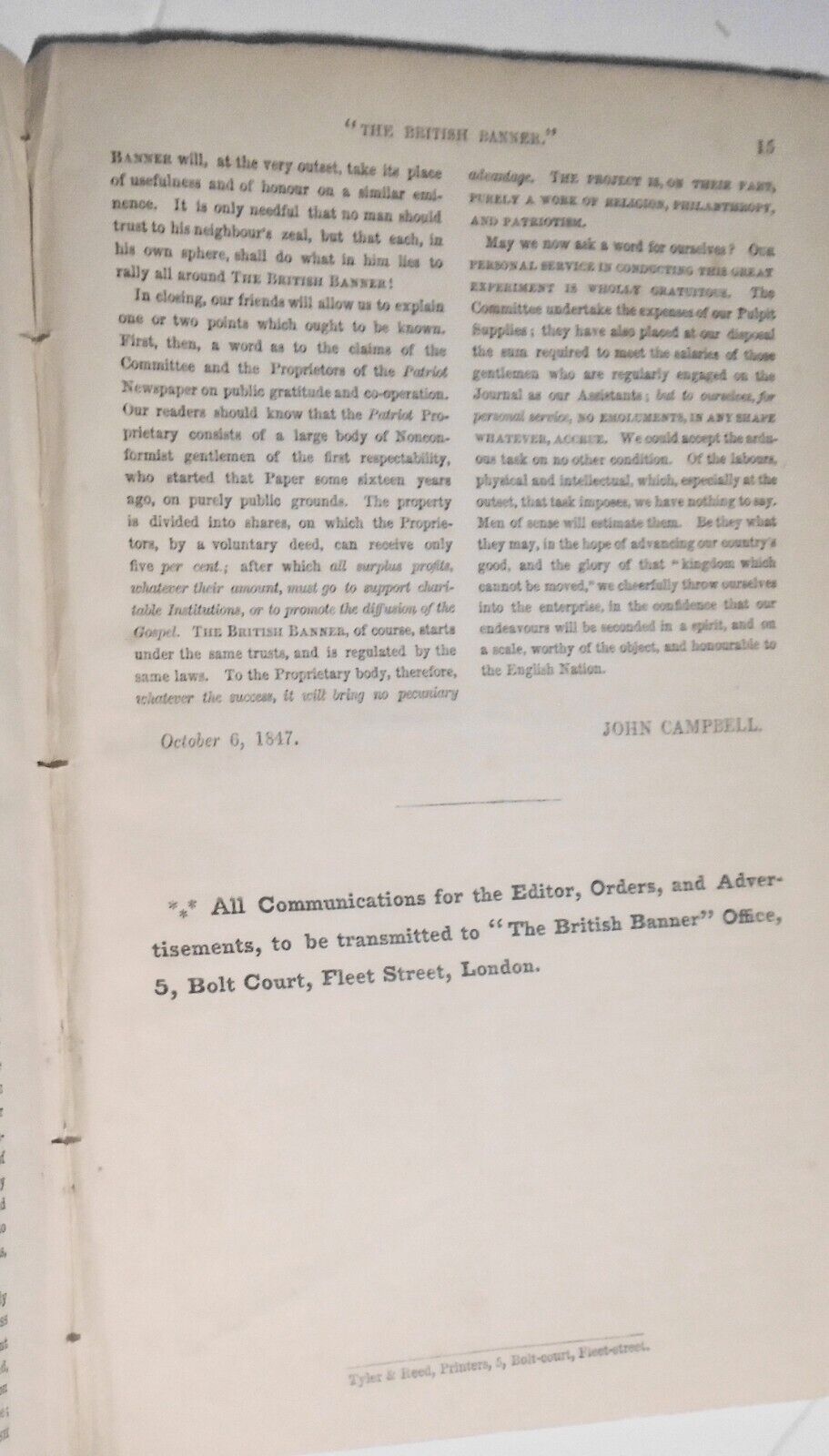 [Nonconformism] 1847 Prospectus of "The British Banner" : a new weekly journal