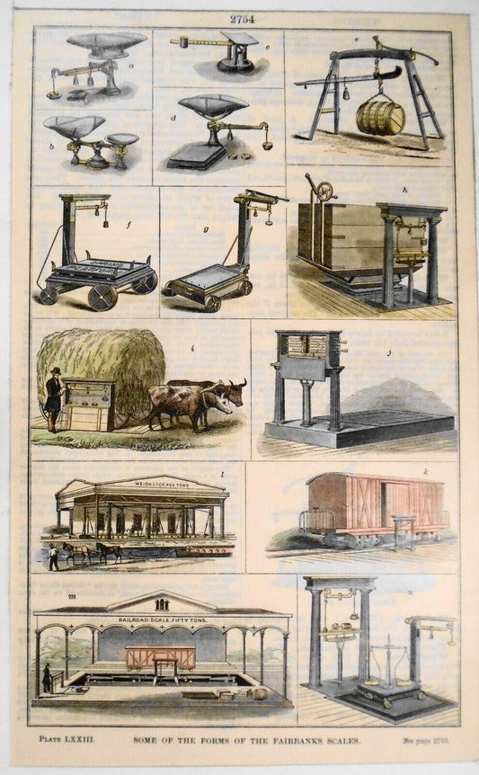 Some of the forms of the Fairbanks scales - Hand-colored 1830s original print