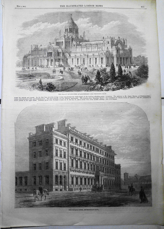 The Palace of Industry at Amsterdam & The Palace Hotel, Buckingham Gate. 1861.