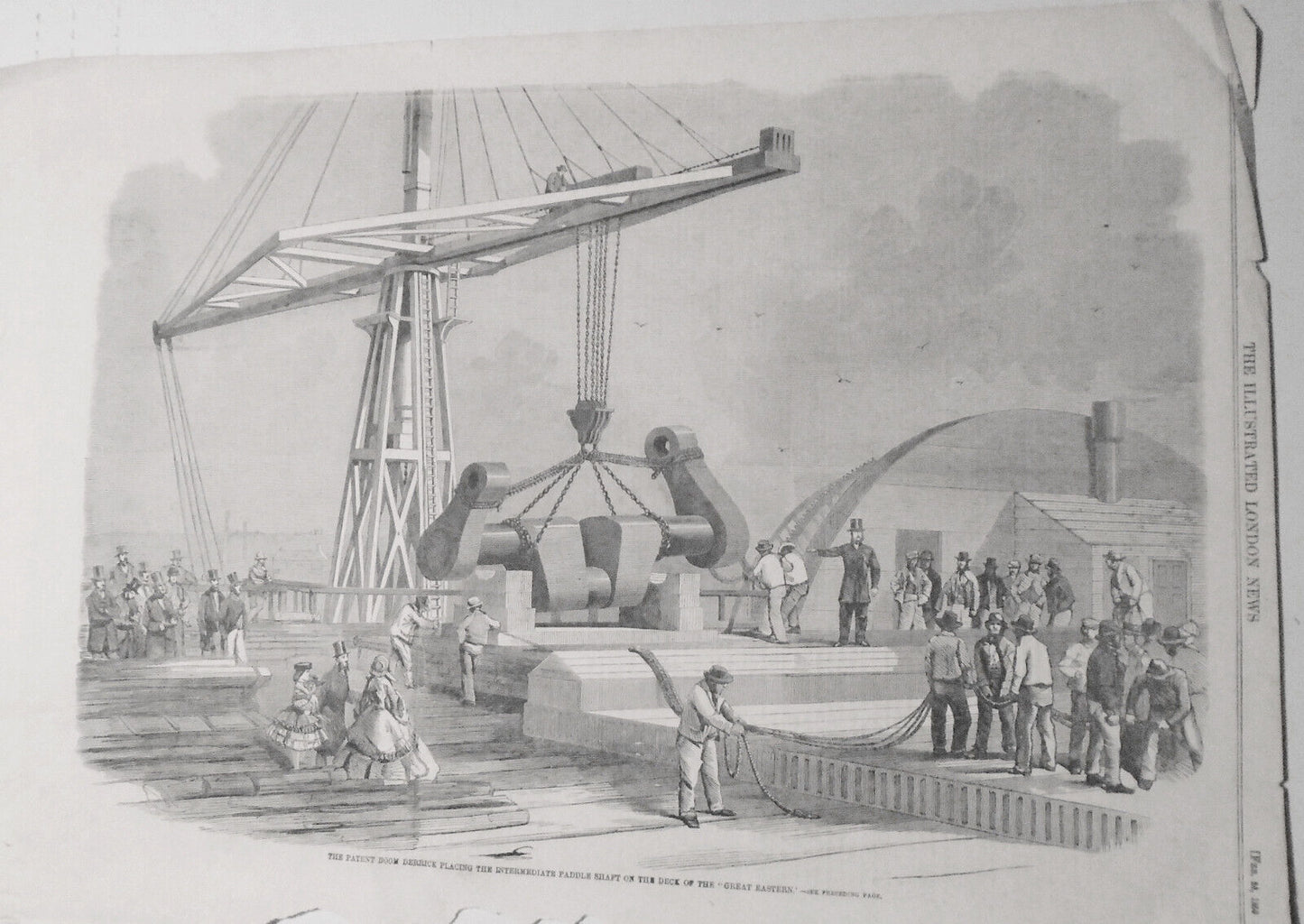 1859  Patent Boom Derrick Placing the Paddle Shaft On Deck of "Great Eastern"