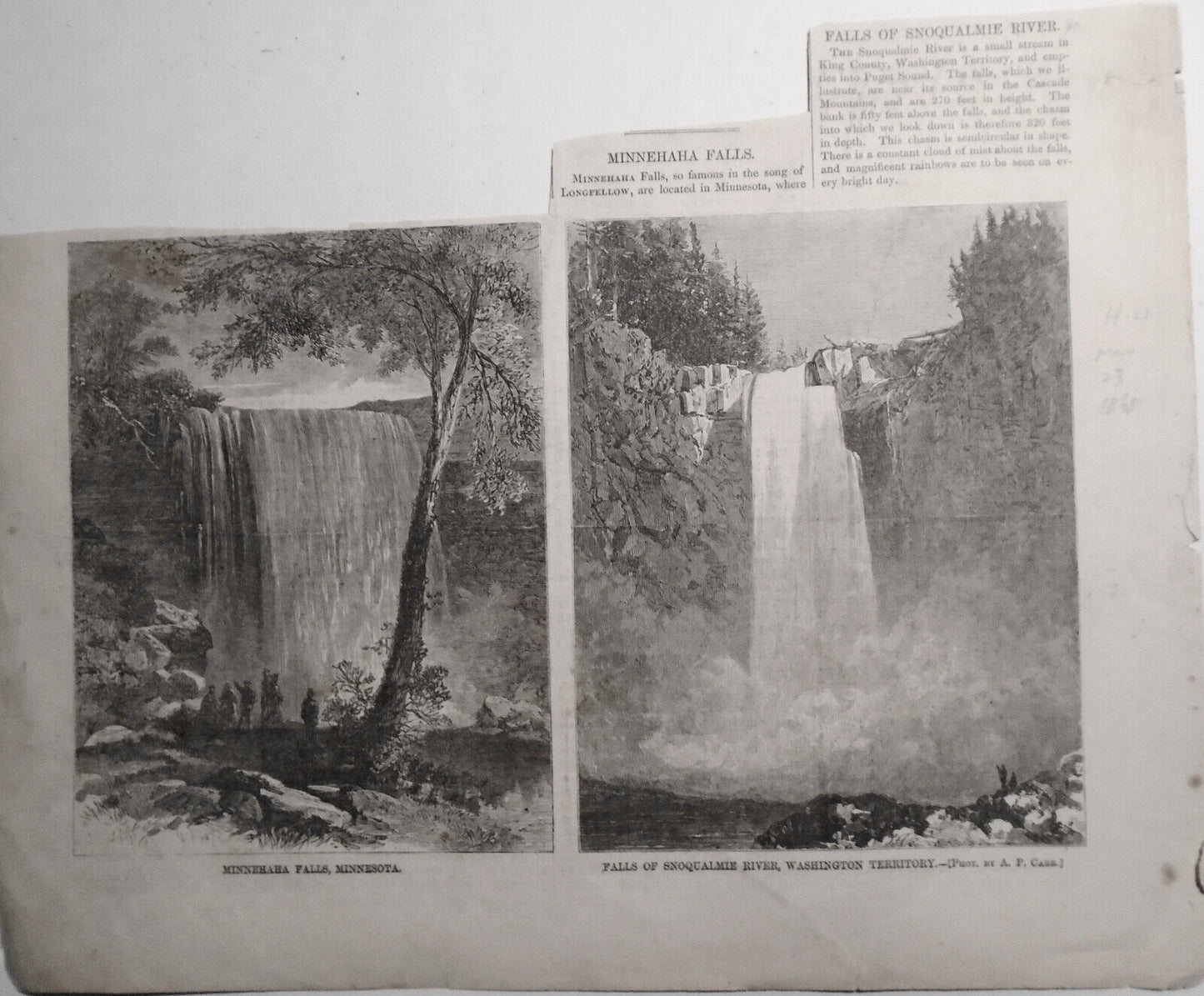 Minnehaha Falls / Falls Of Snoqualmie River - 2 Prints & Stories - 1868 HW